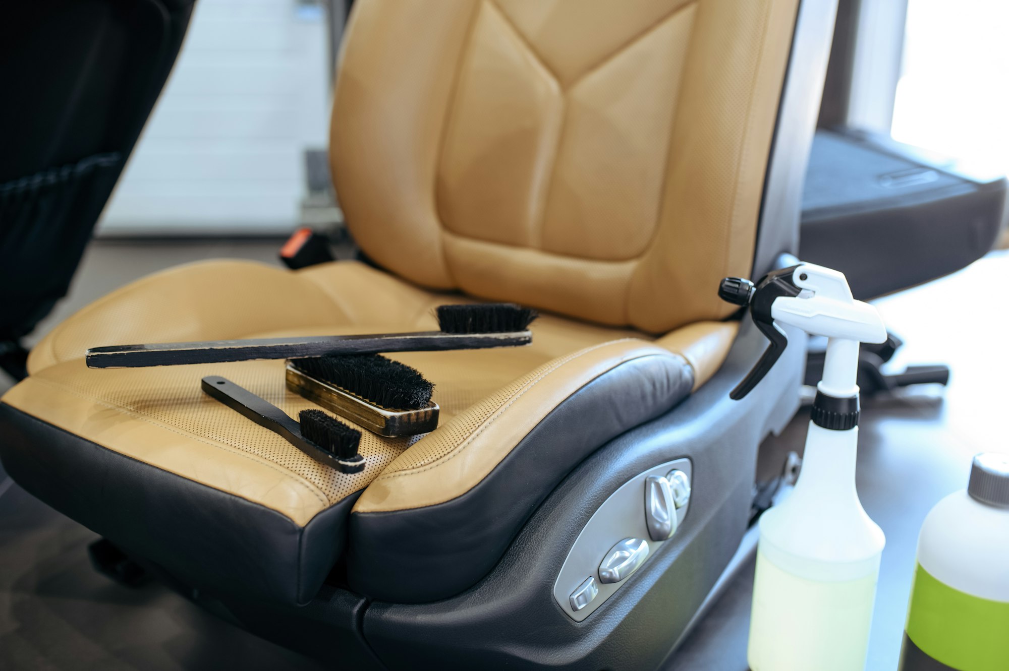 Leather car seats and brushes for dry cleaning